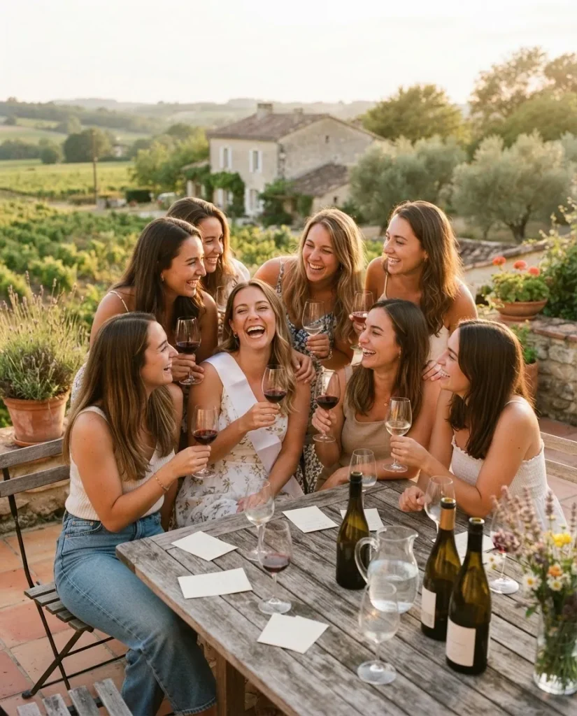 EVJF dégustation de vin à Toulouse, groupe d'amies autour d'une table en extérieur
